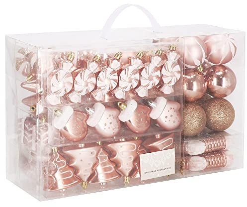 SPRINGOS Weihnachtsbaumkugeln 77 Stück Rosé Gold Weihnachtsbaumschmuck Verschiedene Ornamente Zapfen Bonbons Geschenkpäckchen Sterne Tannenbäume Weihnachten Dekoration
