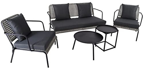Raburg Lounge-Sitzgruppe Anisa, 5-teilig, Poly-Rattan Stein-GRAU-MELIERT, Polster aus Polyester in DUNKEL-GRAU-MELIERT, Gestell aus pulverbeschichtetem Metall in SEIDEN-SCHWARZ