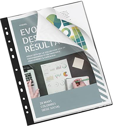 Viquel - Pochettes perforées reliées pour classeur A4 - Porte documents 40 vues - Noir