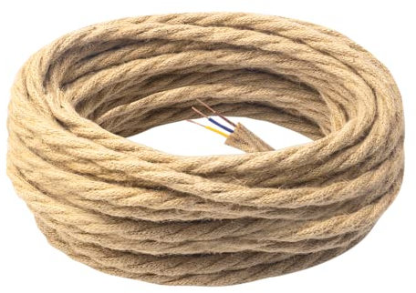 DiCUNO 10 Metros de cable eléctrico vintage para iluminación, cable de 3 conductores con PE, 3x0.75mm², Hilo eléctrico trenzado retro flexible de lino para lámparas colgantes, accesorios y bricolaje