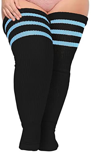 Moon Wood Plus Size Womens Thigh High Socks for Thick Thighs- Extra Long Striped Thick Over the Knee Socks- Leg Warmer Boot Socks, Black & Blue, Large