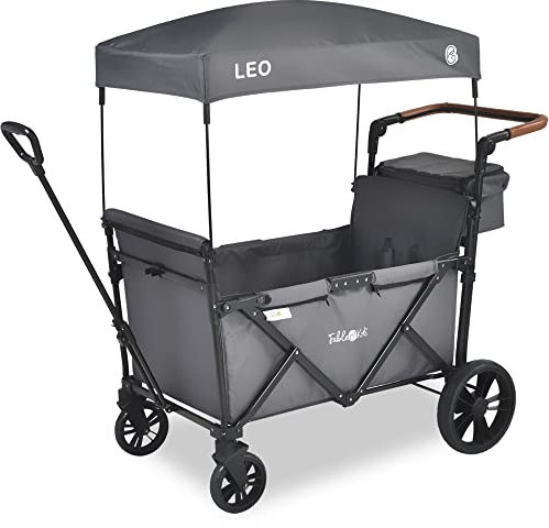 FableKids Bollerwagen Leo X2Lite mit Dach | 2 Sitzplätze | Faltbarer Transportwagen | Hecktasche | 5-Punkt-Gurt | 360° Räder | Fußbremse | inkl.Anti-Staub-Abdeckung | Oxford 600D | FossilGrau