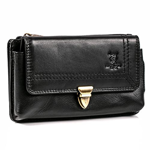 MATADOR 2in1 Echtleder Handy Gürteltasche mit Reißverschlussfach #Brisbane, mit edler Geschenkbox und RFID Schutz, Elegante Handytasche Leder für Smartphone bis 6,9 Zoll in Schwarz Nappa
