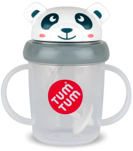 TUM TUM Tasse avec paille lestée, Tasse anti-fuite, Tasse d’Apprentissage pour Bébé, Couvercle Rabattable, Paille en Silicone (Pip le Panda 200ml)