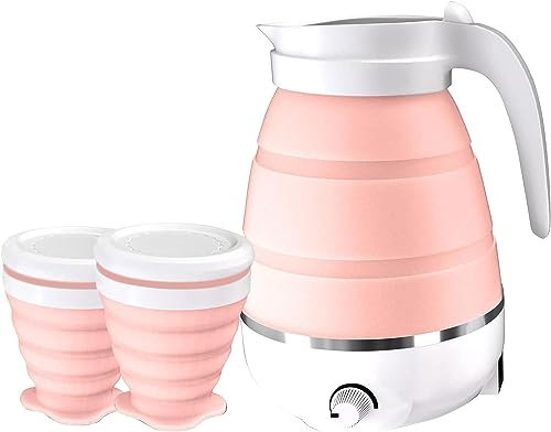 Hervidor Agua, 600ML Hervidor Eléctrico Plegable 850W Calentador Agua Eléctrico de Silicona Base de Acero Inoxidable 304 con Dos Tazas para Camping Viajes Senderismo (Rosa)