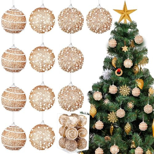 Poen Weihnachtskugel-Ornamente, 7,9 cm, hängende Perlenschaum, Weihnachtsbaumschmuck, Glitzer, Weihnachtsbaumschmuck-Set für Hochzeit, Party, Tischkranz, Girlande, Dekoration (Champagner), 12 Stück