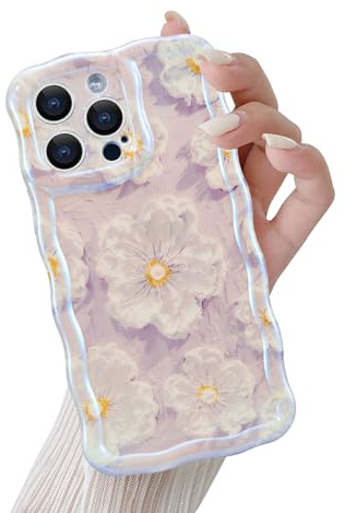 QLTYPRI for iPhone 13 Pro Max Case,Oil Painting Floral Flower Pattern Design for Girls Women, Cute Curly Wave Frame Slim Soft Silicone TPU Bumper Shockproof Phone Cover for iPhone 13 Pro Max-Purple #2