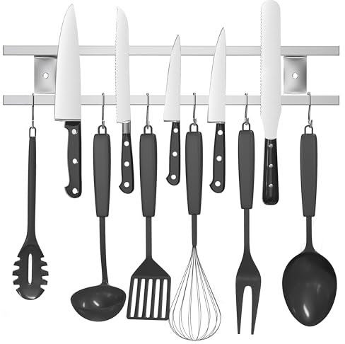 Newthinking Magnetic Knife Holder for Wall, 18 Inch Kitchen Magnetic Knife Rack with 6 Hooks for Kitchen Knife and Utensil