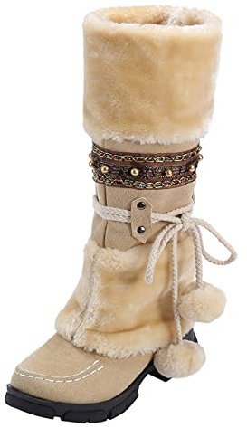 Schneestiefel Damen Winterstiefel Mittelhoher Stiefel Wasserdicht Warm Plush Gefütterte Klobigem Absatz Rutschfest Wanderschuhe Trekkingschuhe Schlupfstiefel Winterschuhe Fellstiefel(Beige,42)