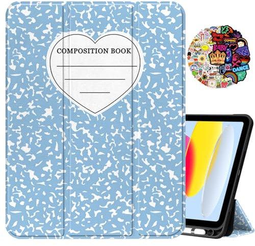 Cabreche Compatible with iPad (A16) 11th Generation 11 Inch 2025,10th Generation Case 2022,iPad 10.9 Inch Case Pencil Holder Auto Sleep/Wake Cover Women Girls Cute Composition Notebook-Blue Heart