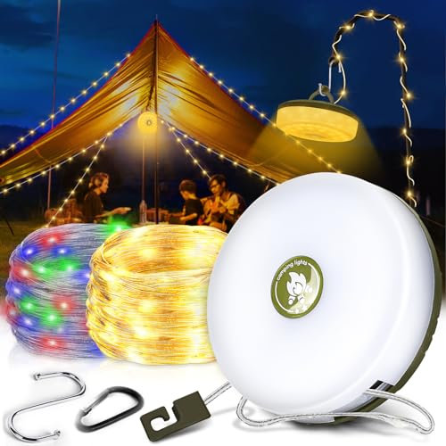 JONRRYIN Camping Lichterkette Aufrollbar, 10M Wasserdichte Tragbare Verstaubare Lichterkette für den Außen mit 8 Modi, Campinglampe über USB mit Haken, Außenlichterketten für Camping und Wandern