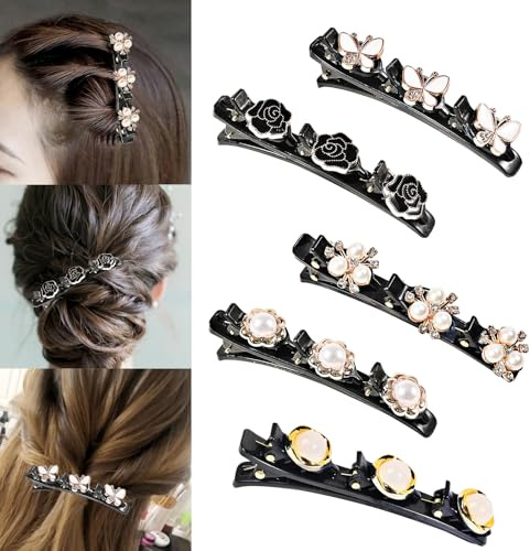 5 Stück Kolibri Haarspange mit Kristallblume - Geflochtene Haarspange für Damen, Frauen & Mädchen - Modische Doppelschicht Haarklammer mit Entenschnabel