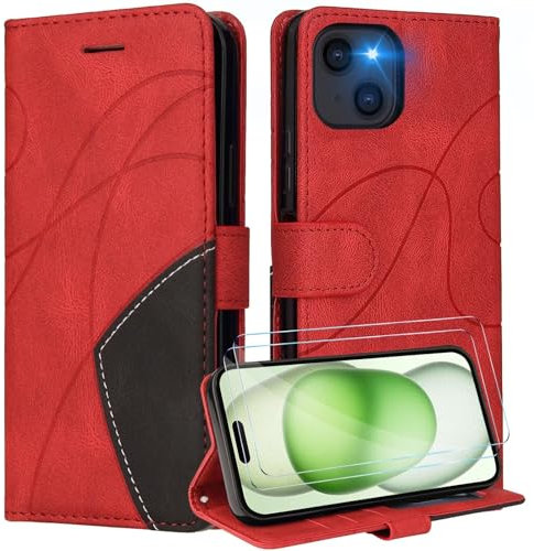Beajew Hülle für LG K8 2017 mit Panzerglas Schutzfolie,Leder Flip Wallet Schutzhülle Tasche Handyhülle für LG K8 2017 Produkt Hülle (Rot)