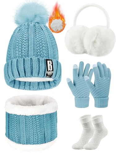 Tuopuda Mütze, Schal & Handschuh-Sets für Damen Winter, Beanie mit Bommel Fleece Gefütterte, Touchscreen Handschuhe Schal Wärmer Socken Ohrenwärmer 5 in 1 Set Geschenk für Frauen, Hellblau
