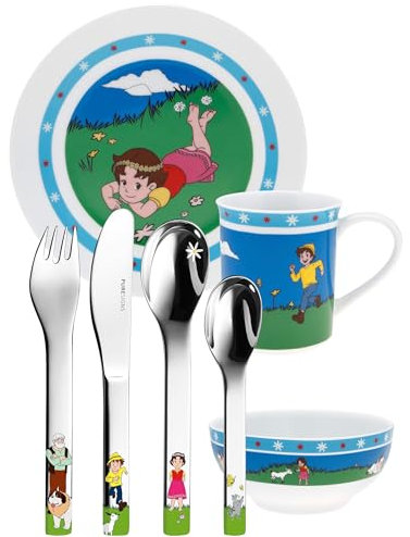 Kindergeschirr Set mit Namensgravur Puresigns - Heidi - Hund, Schaf, Schmetterling, Katze - 7-teilig eigener Gravur/Namen auf Besteck (Gravur möglich)