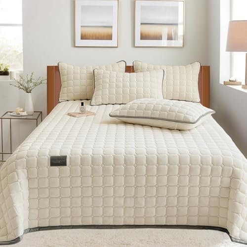 SHANNA Extra Große Bettdecke: Milch Samt Soft Doppelseitige Bettdecke Ideal Als Tagesdecke 230 X 250 cm mit 2 Passenden Kissenbezügen 50 X 70 cm (Beige)