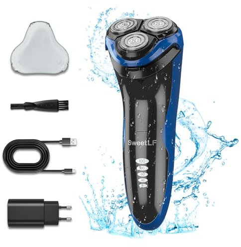 SWEETLF Elektrorasierer für Herren, Bart, Nass & Trocken, 12 Klingen, Rotary/Foil, Kabelgebunden, Modern, Blau, Dark, Aufladbar, 120 Minuten Akkulaufzeit