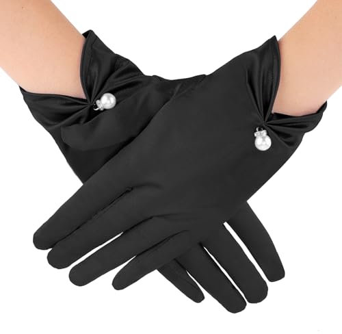 Lusofie Schwarz Satin Handschuhe mit Perlen Kurze Handgelenklänge 1920er Jahre Schwarzer Handschuhe Damen Elegant Formelle Oper Hochzeits Empfangskleider Brauthandschuhe Damen Teeparty