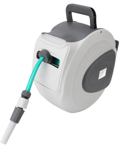 65.6ft 1/2inch Retractable Garden Hose Reel, Wall Mounted Hose Reel with Nozzle, Any Length Lock and Auto Rewind Swivel Bracket