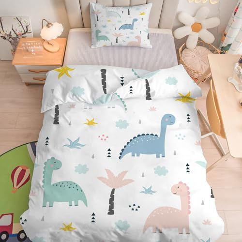 Linfye Parure de lit pour Enfant et BéBé Dinosaure Blanc Rose Housse de Couette 100x135 cm Bebe et Taie d'oreiller 40x60 cm, Garçon Jungle Réversible Ensemble de Literie Linge de Lit pour Tout-Petits