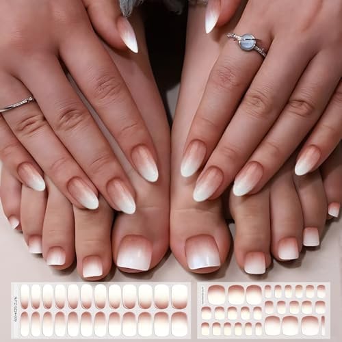 EBANKU 52Pcs Semi Cured Gel Nail Strips Set, Semi Cured Gel Nail Strips, Gel Nail Strips for Toes Nail Sticker, Long Lasting Salon Nails include Nail File&Stick (Chrome Ombre Nude)