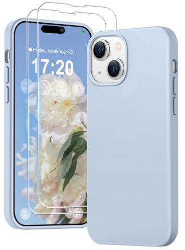 PuyaTeya 3 in 1 Hülle für iPhone 15, mit 2 Stück 9H Panzerglas Premium Liquid Silikon Hülle, mit 4-Layer stoßfesteabriebfestes, Soft Mikrofaserfutter Kratzfes Schutzhülle für iPhone 15(Azurblau)
