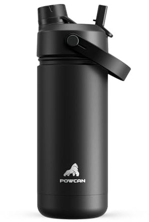 POWCAN Botella de agua térmica de 532 ml/18 oz con pajita y boquilla 2 en 1, mantiene el frío 24 horas, a prueba de fugas, se adapta al portavasos del coche, botella de acero inoxidable (Dark Knight)