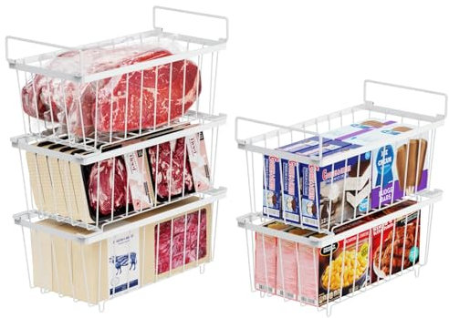 iSPECLE Gefrierschrank Organizer Behälter – 5er Gefriertruhe Körbe für 198L Tiefkühltruhen Sortieren Gefrorenes Fleisch, Sparen Platz, Stapelbare Drahtkörbe Mit Griffen Leicht zu Erreichen, Weiß