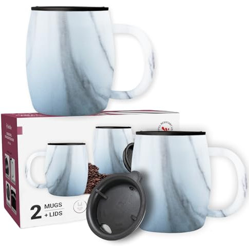 GARUET Insulated Stainless-Steel Coffee Mug with Lid and Handle (2 Pk) 400 ml - BPA-Free Spillproof Lid, Double-Wall Camping Travel Coffee Mugs (White Marble, 400 ml)