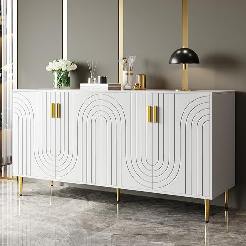 Azkoeesy Buffet avec 4 portes rayées, 152 x 40 x 75 cm, blanc avec poignées et pieds dorés, meuble TV, buffet, meuble de cuisine, salon et salle à manger