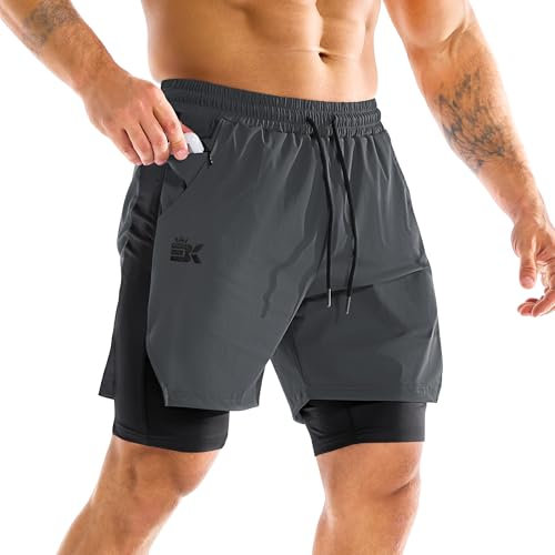 BROKIG Kurze Sporthose Herren 2 in 1 Laufshorts, Leichte Trainingsshorts Gym Shorts Herren (Dunkelgrau,L)