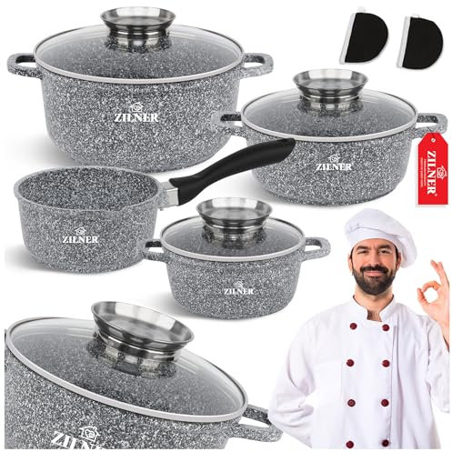 Kochtopf Set 5-teilig – Induktionsgeeignete Marmor-Keramik Töpfe & Pfannen – Antihaftbeschichtet & Spülmaschinenfest