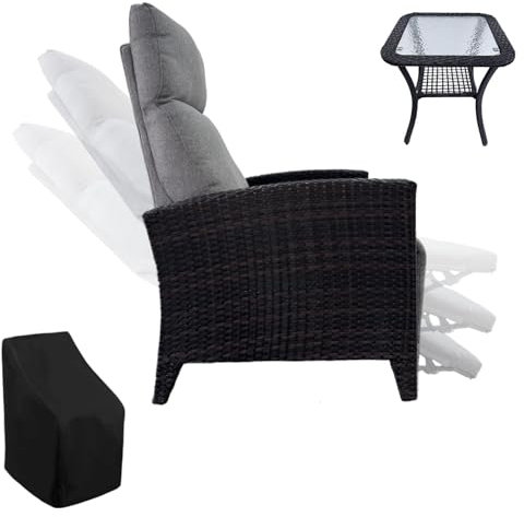 Fiutazge Relaxliege Verstellbare Rückenlehne,Gartensessel mit Liegefunktion,Relaxsessel Rattan Sonnenliege mit Balkontisch,Relaxstuhl Abdeckung für Innen Außen-SchwarzRattan und GrauSitzkissen