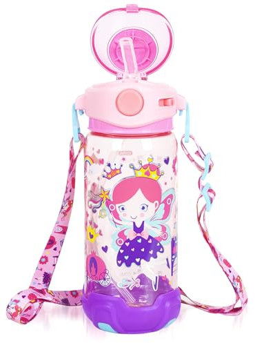 PinkSheep Botella de agua para niños con pajita/cordón, botella de agua potable de 650 ml, sin BPA, tapa abatible a prueba de fugas para niños, niñas, niños, escuela, deportes, viajes (hada de flores)