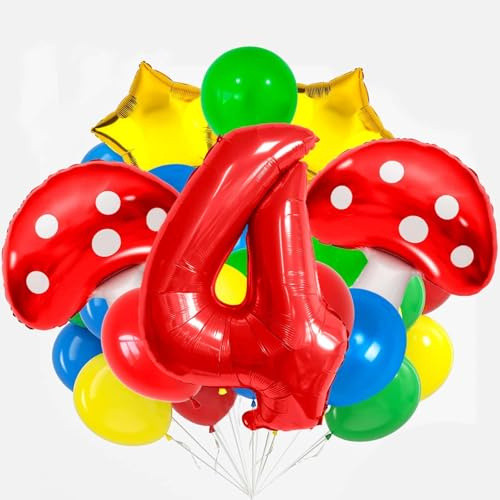 Pilz Ballon, 21 PCS Luftballons Bunt, Luftballons Geburtstag 4, Rot Blau Gelb Grün Latexballons, Stern Pilz Folienballons, Cartoon Dekorationen für Kindergeburtstagsparty