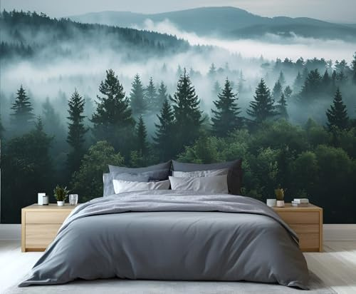 YXQAIED Misty Forest Wallpaper, Woodland Mountain Removable Wallpaper Natural Scenery 3D Wall Murals Decal for Living Room Tv Background Wall, 200x140cm