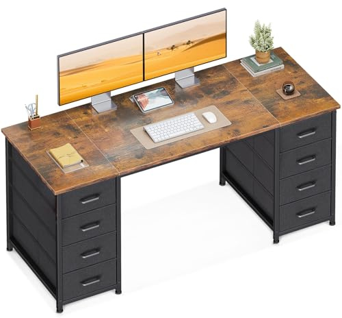 Coleshome Escritorio con 8 Cajones de Tela, 140x48cm, Marrón | Mesa Escritorio de Espacio Escritorio Ordenador Mesa Oficina para Estudio en Casa
