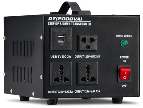 VONLUCE Step Up Down Spannungswandler 2000W Transformator mit 110V/220V-Steckdosen 5-V-USB-Anschlüssen Automatischer Transformator 110V⇋220V mit automatischer Unterbrechung