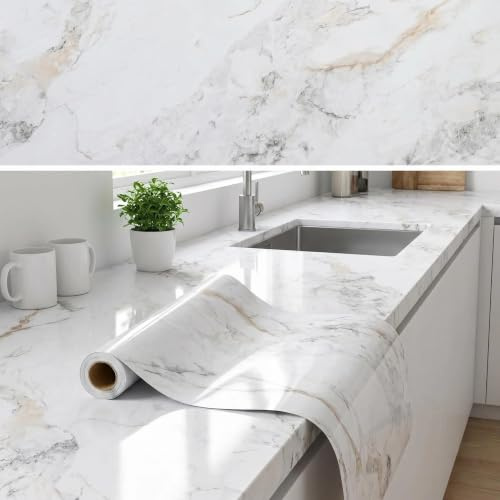 52cm x 5m White Marble Vinyl Wrap for Kitchen Worktops Furniture | Extra-long white marble wrap for cupboards and furniture
