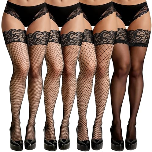 flintronic 2/4 Paires Dentelle Bas Autofixants Femmes, Bas Résille en Dentelle, Noirs Transparents, Antidérapant Silicone