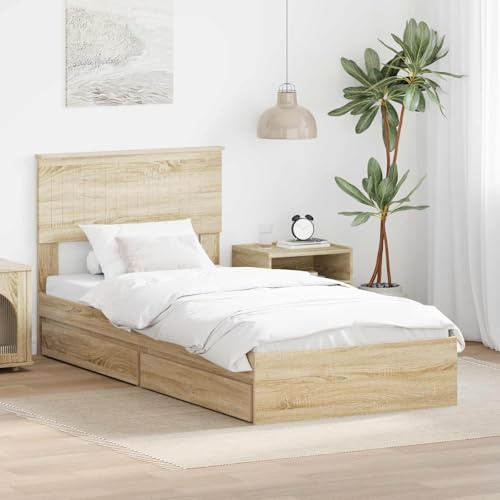 kithwjll Sonoma-Eiche Stauraumbett 90x190 cm, Holzwerkstoff Bettgestell mit Kopfteil, Einzelbett mit Schubladen für Schlafzimmer