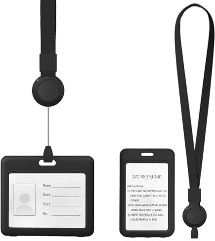 FINELYCR 2 Stück Dienstausweis Hülle, Querformat und Hochformat Kartenhülle mit Band, Schwarz Ausweishüllen mit Ausziehbarem Umhängeband, Kartenhalter für Arbeit, Studium, Messen