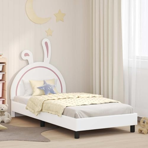 sephironlbb Kinderbettgestell Weiß 90x190 cm aus PU-Leder, Modernes Einzelbett mit Kopfteil, Stauraumfächern & Lattenrost, Robustes Design für Kinderzimmer