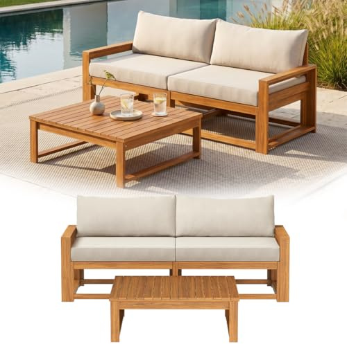 STEELSØN Mizaru Gartenlounge 2-Sitzer mit Tisch, Balkon-Sofagarnitur, Taupe | Massives Akazienholz, Lounge Sitzgruppe, Terrassenmöbel Set mit 10 cm Kissen, Armlehnen, modular, wetterfest, Gartenmöbel