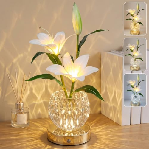 Wekity White Lily Flower Lamps, Rechargeable LED Table Lamp with Glass Vase, 3-Colour Dimmable Cordless Lily Artificial Flowers Night Light for Date Party Home Decoration (White-Lily)