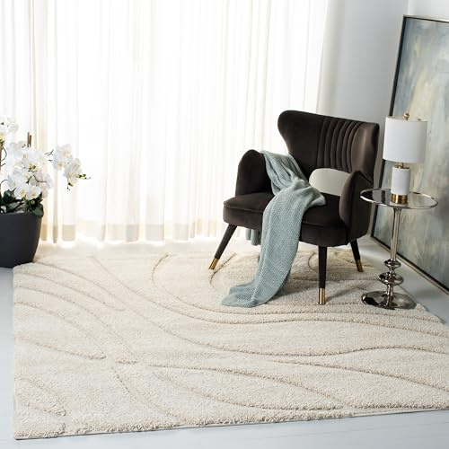 SAFAVIEH Zottelig Teppich für Wohnzimmer, Esszimmer, Schlafzimmer - Florida Shag Collection, Hoher Flor, Creme, 200 x 200 cm
