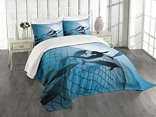 ABAKUHAUS Meerjungfrau Tagesdecke Set, Flug von Delfinen, Set mit Kissenbezügen Waschbar, für Einzelbetten 170 x 220 cm,Blau Weiß
