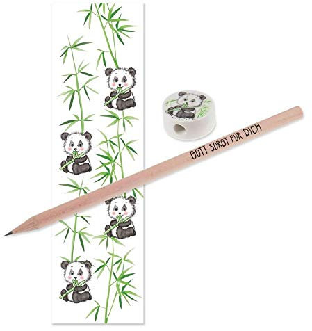 Praisent Schreibset Bleistift Radiergummi Lesezeichen Panda Gott sorgt für dich Geschenkset