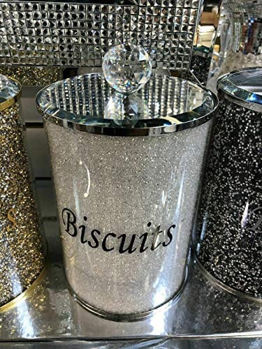 Amazing Gift Silver Diamond Crushed Biscuit Canister Jar: Elegant Crystal-Filled Kitchen Storage with Silver Trimmings - 25 cms
