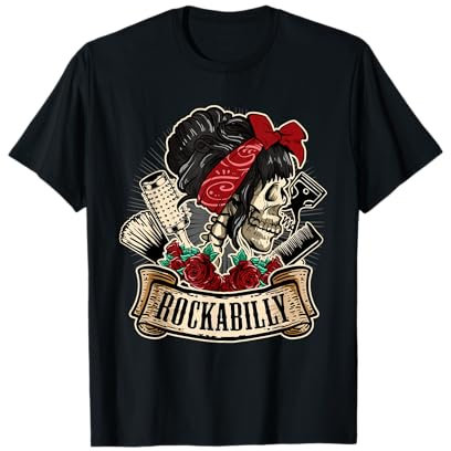 Rockabilly Girl Skull Pin-Up Hairstylist Friseur T-Shirt